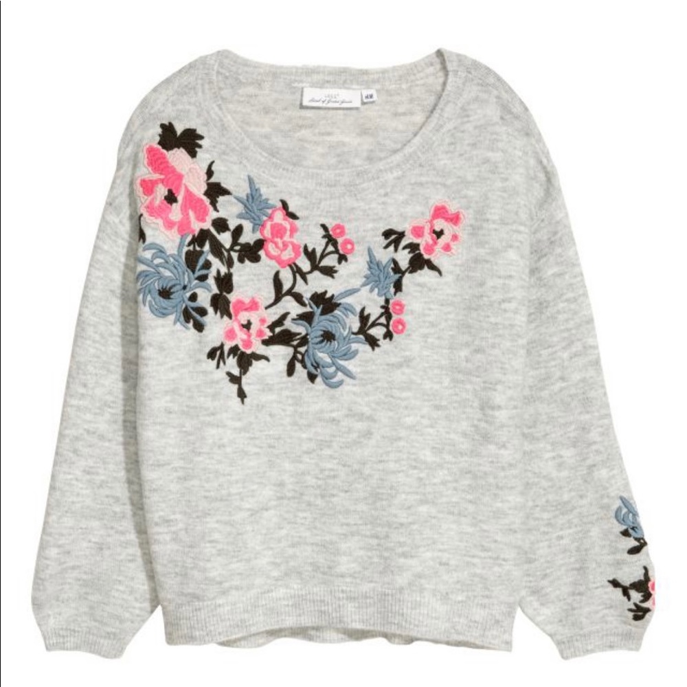 H&M Light gray melange Knit Sweater with Embroidery- Size Small